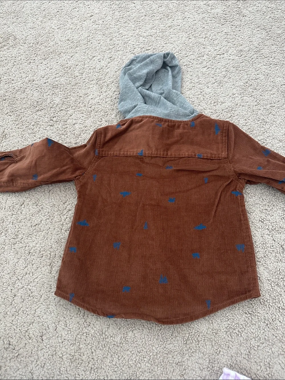 OshKosh B'gosh Brown Corduroy Hooded Shirt with Gray Hood and Blue Accents